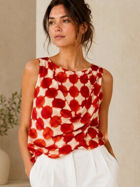 ✨ Anthropologie Maeve Quantum Draped Silk Blouse Red Geometric Print Sleeveless